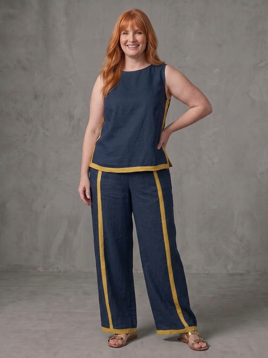 Yasmin | Sleeveless Top Wide Leg Contrast Trousers Set