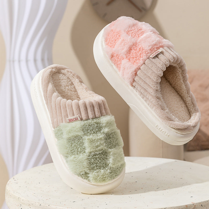 Plaid Plush Slippers for Women, Thick Soft Sole Non-Slip