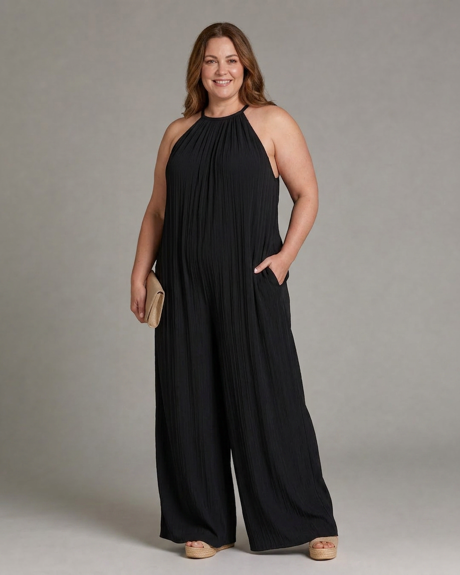 Wanda | Pleated Halter Neck Wide Leg Relaxed Jumpsuit