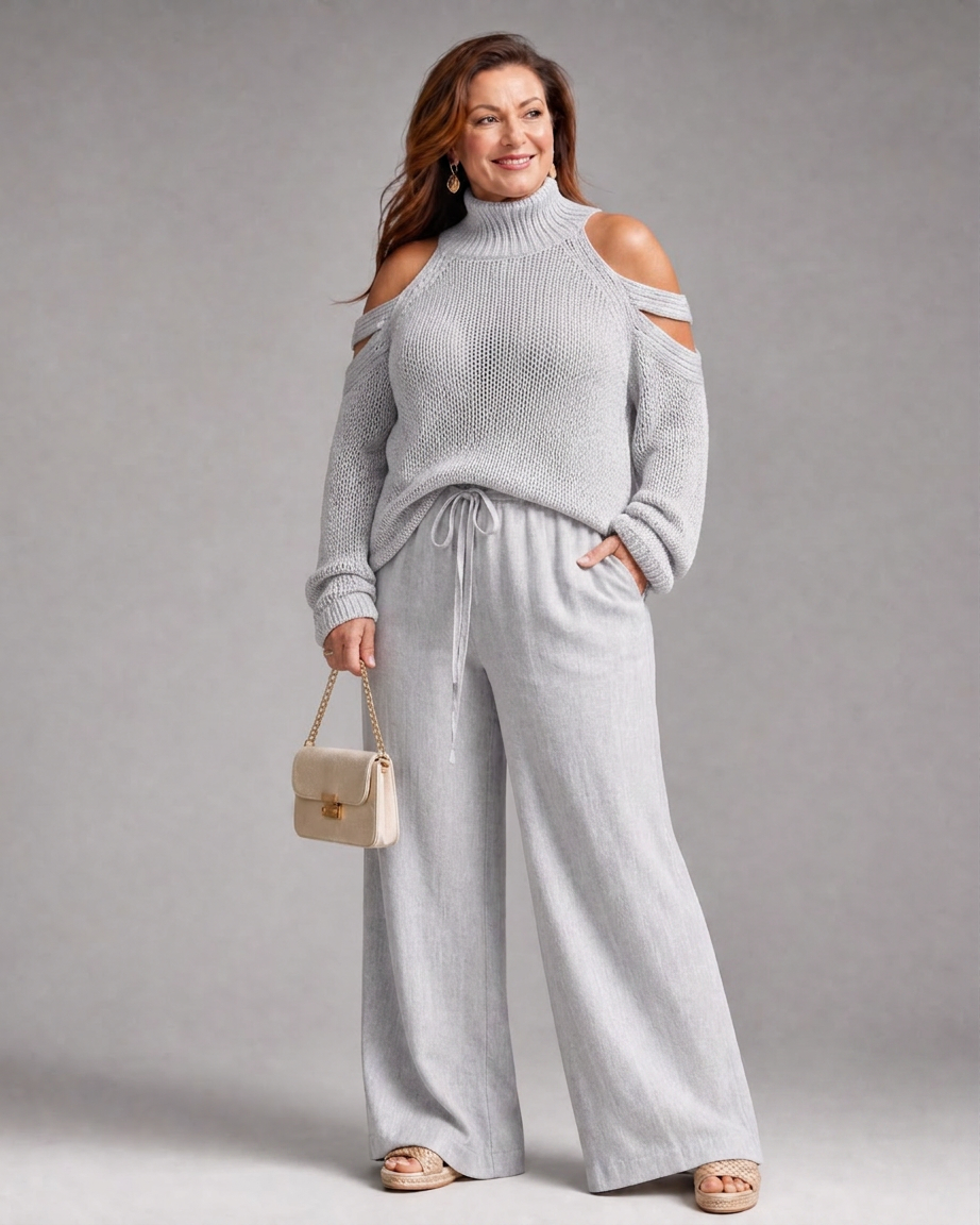 Vesper | Cold Shoulder Knit Jumper Wide Leg Trousers Set