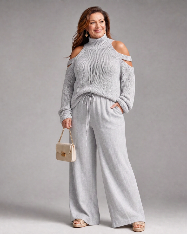 Vesper | Cold Shoulder Knit Jumper Wide Leg Trousers Set