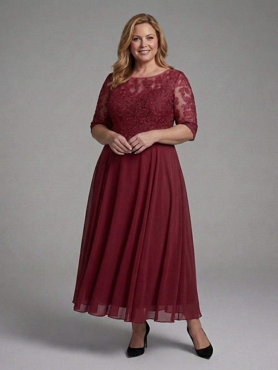 Anwen | Midi Dress with Lace Bodice and Sheer Sleeves