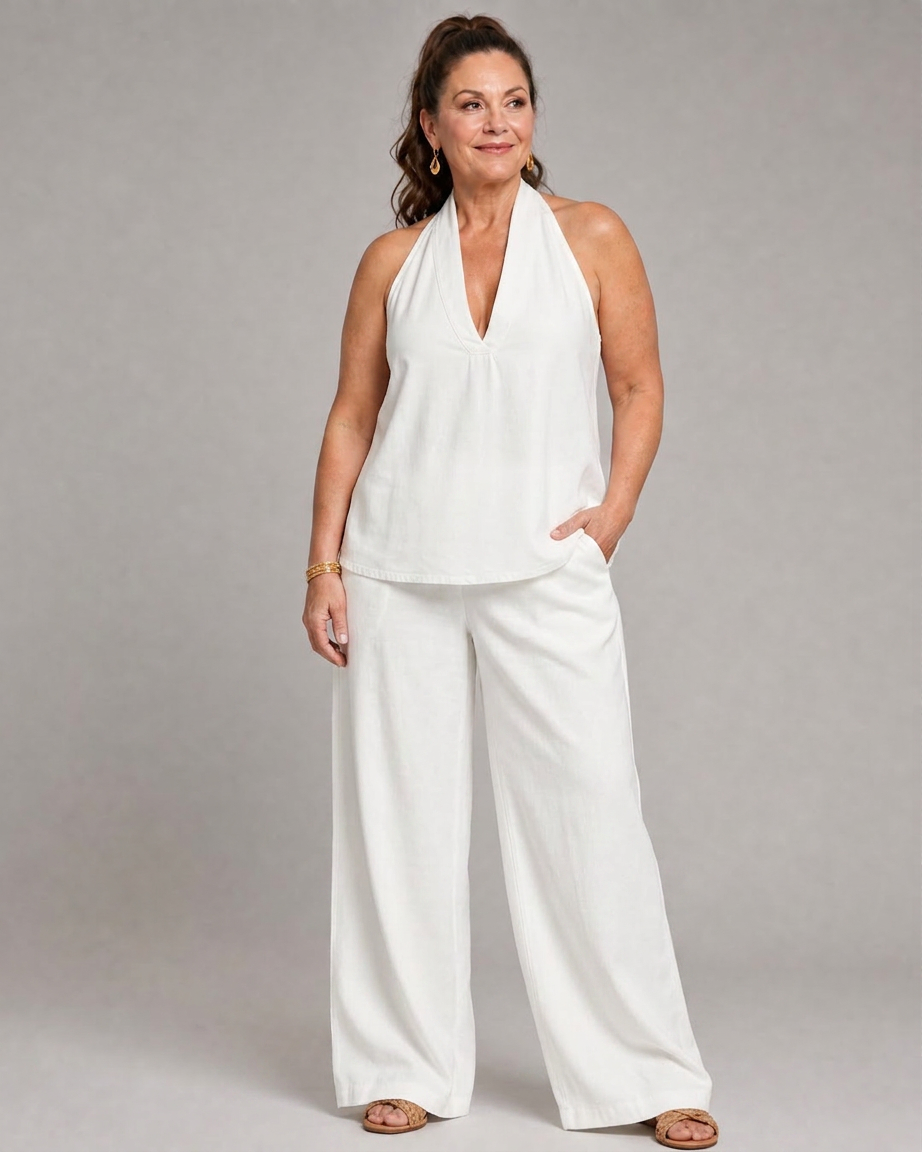 Opaline | Halter Neck Denim Top And Wide Leg Trousers Set