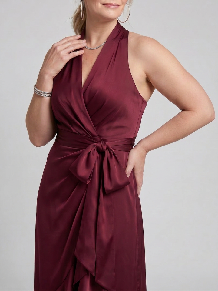 Amina | Halter Neck Wrap Asymmetric Hem Midi Dress