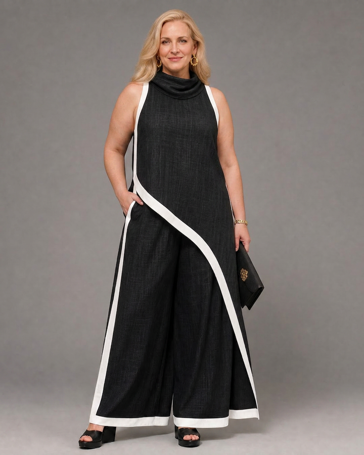Genevieve | Contrast Trim Sleeveless Layered Top And Wide Leg Trousers Set