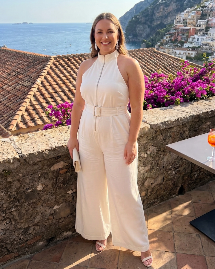 Fleur | Belted High Neck Wide Leg Sleeveless Jumpsuit