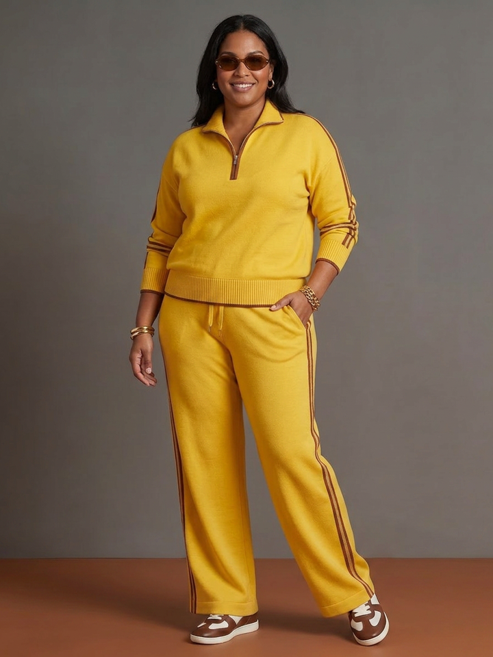 Greer | Zip Neck Long Sleeve Side Stripe Leg Trousers Set