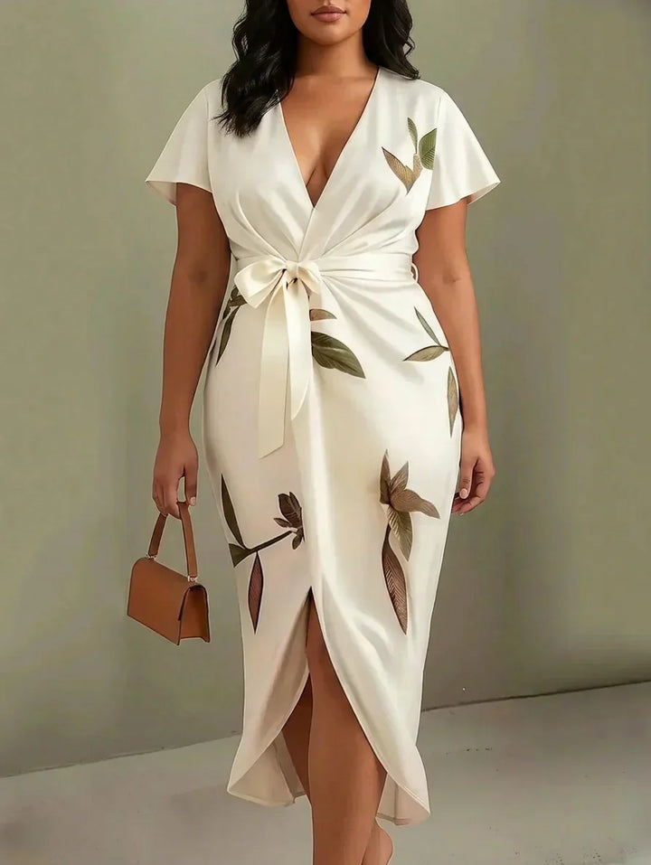 Rosa | White Leaf Short Sleeve Satin Midi Dress