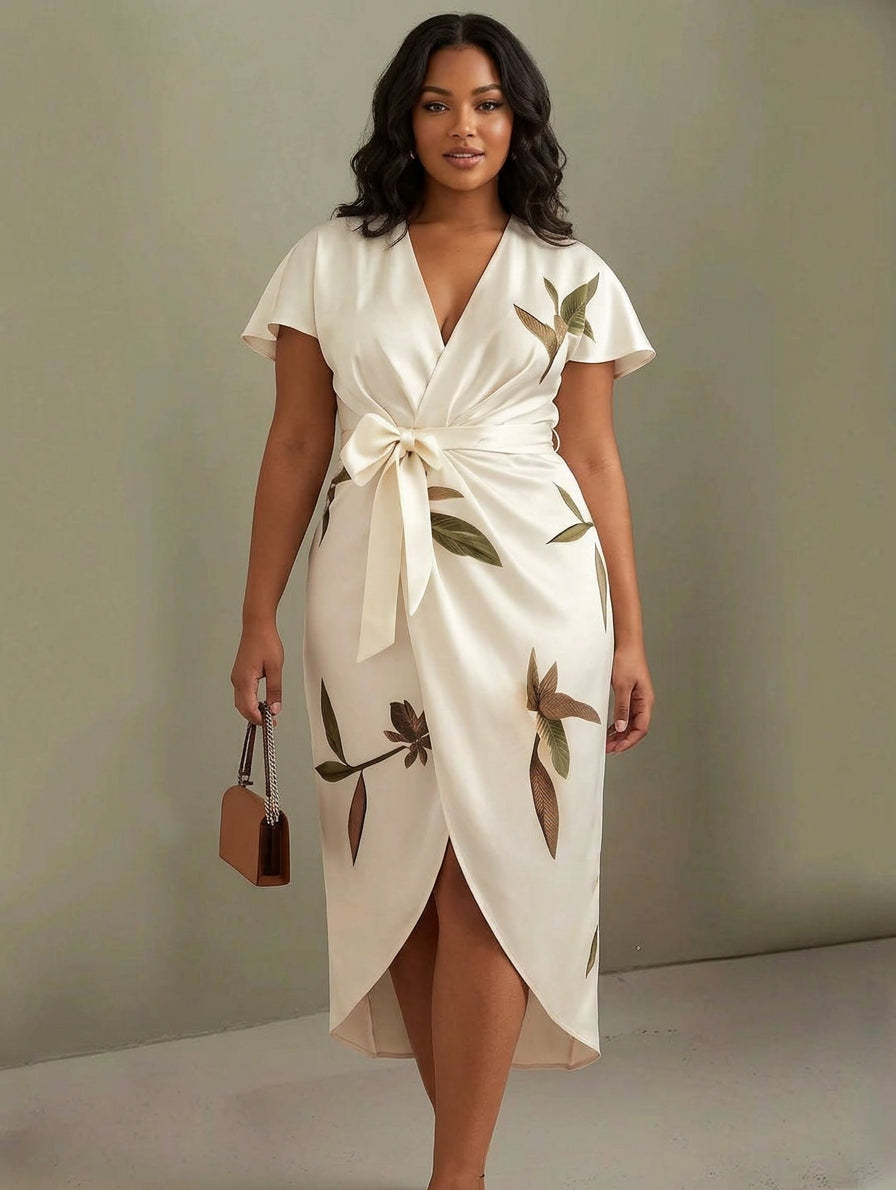 Rosa | White Leaf Short Sleeve Satin Midi Dress