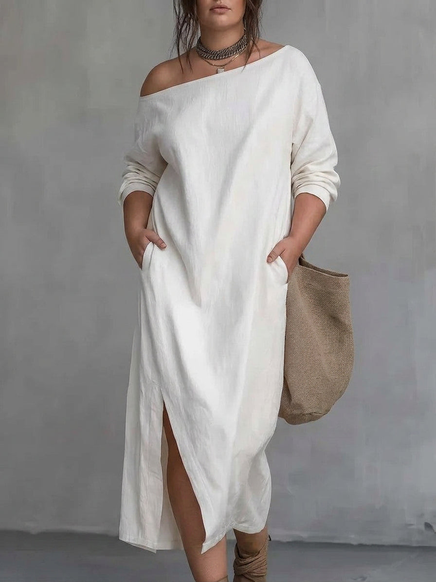 Kaia Off-Shoulder Slit Dress: Modern Minimalist Elegance