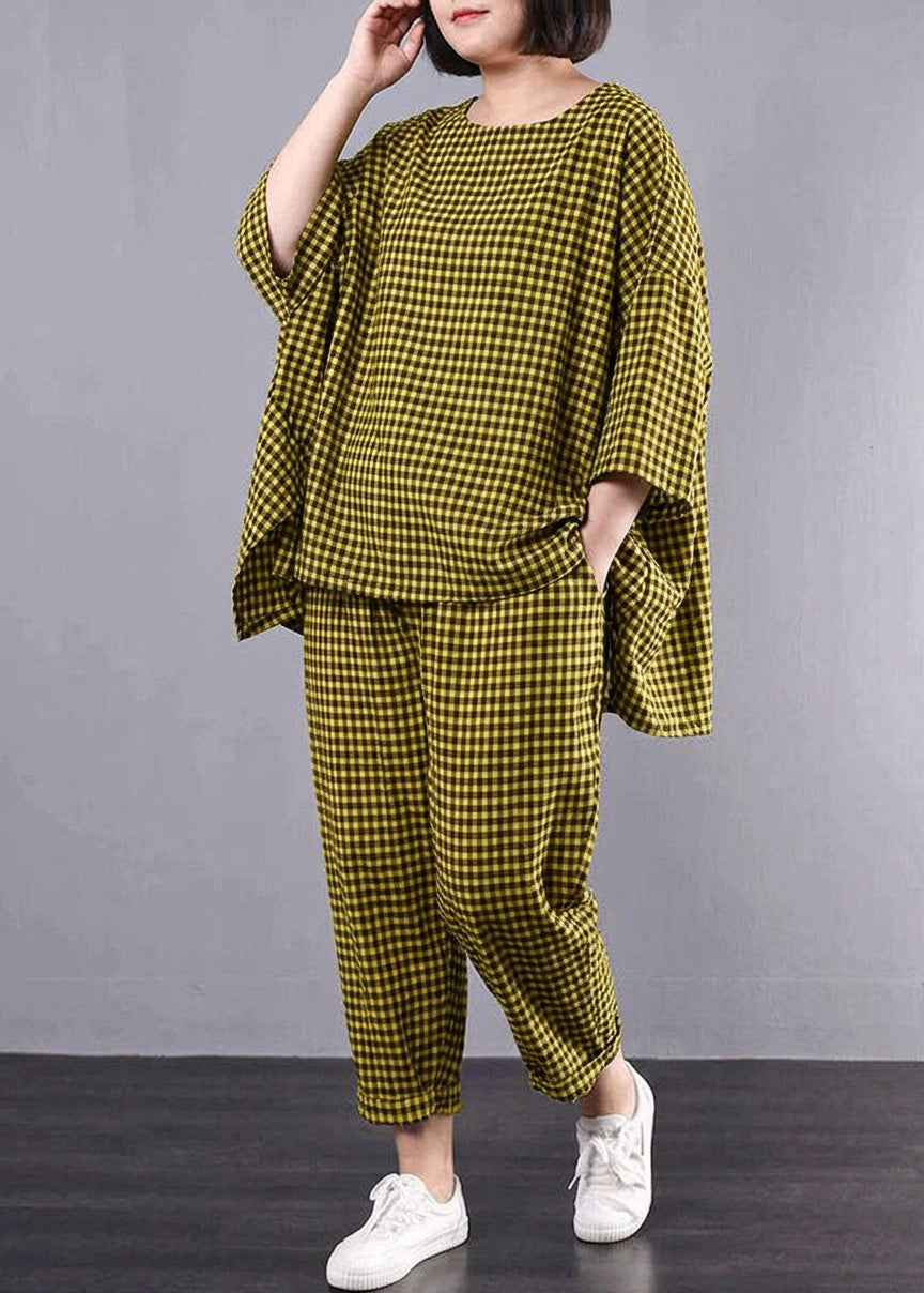 Elke - Casual Plus Size Cotton Linen red Plaid Vintage Blouse And Trousers