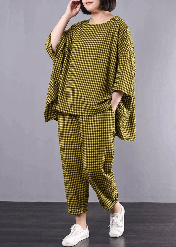 Elke - Casual Plus Size Cotton Linen red Plaid Vintage Blouse And Trousers