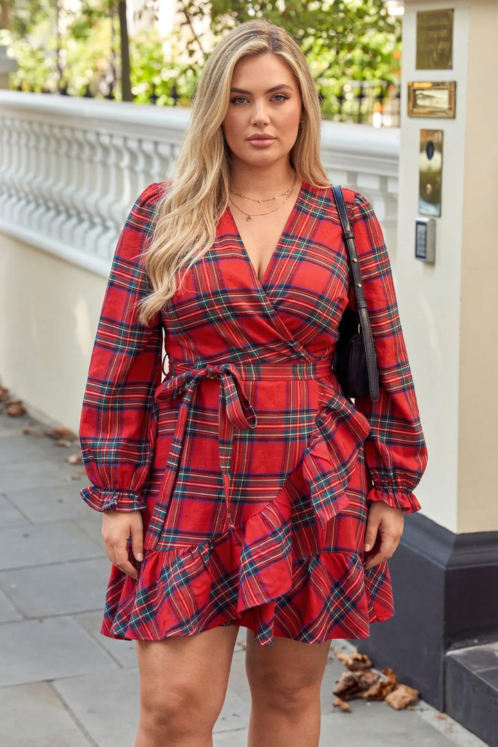 Leona - Red Plaid Wrap Mini Dress