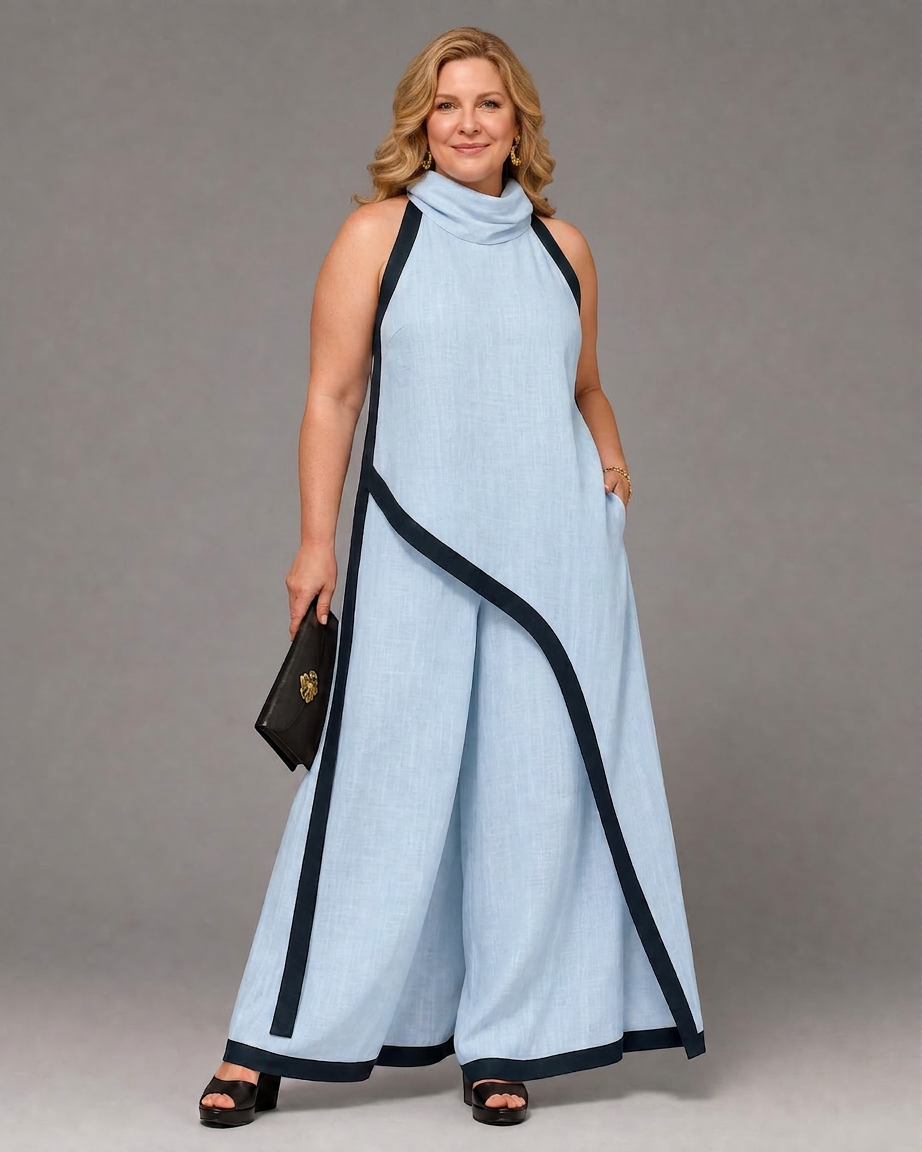 Genevieve | Contrast Trim Sleeveless Layered Top And Wide Leg Trousers Set