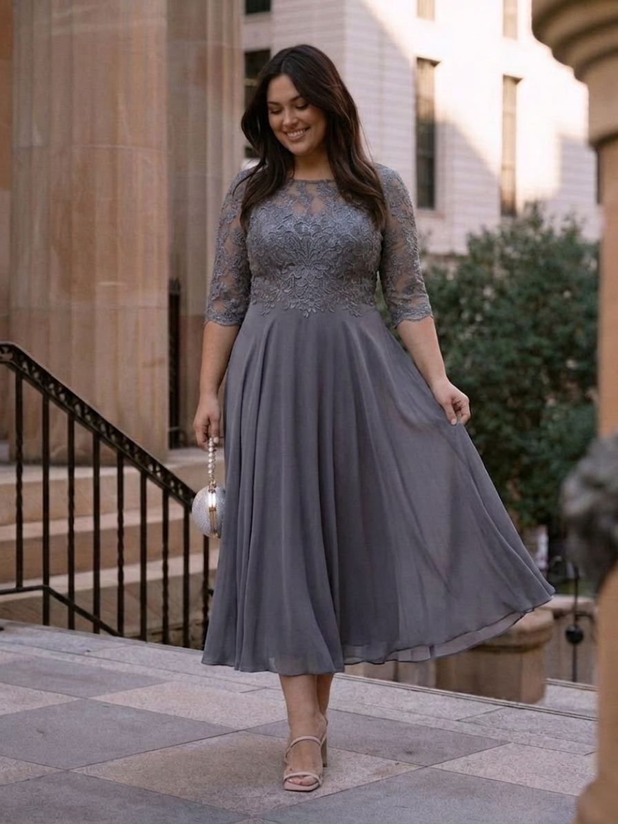 Anwen | Midi Dress with Lace Bodice and Sheer Sleeves