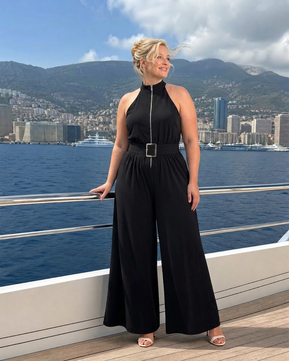 Fleur | Belted High Neck Wide Leg Sleeveless Jumpsuit