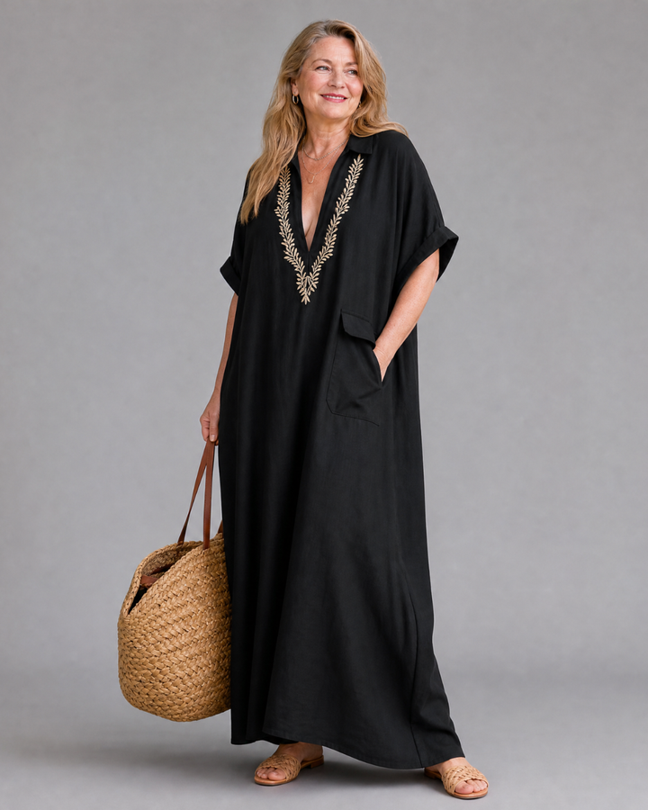Posy | Embroidered V Neck Pocket Detail Relaxed Maxi Dress