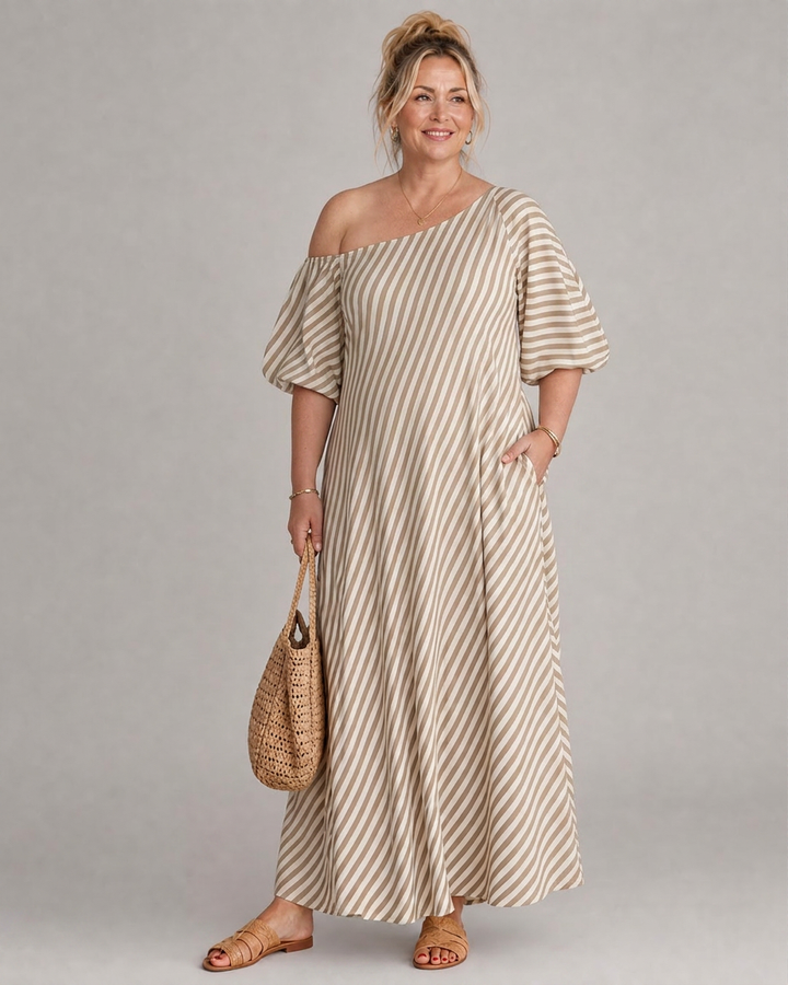 Seraphina | Striped Off Shoulder Puff Sleeve Midi Dress