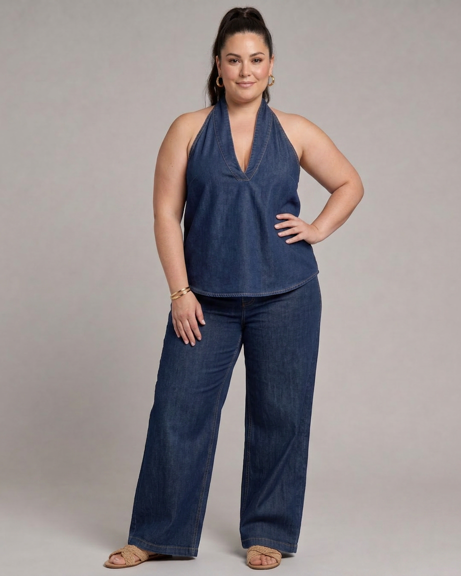 Opaline | Halter Neck Denim Top And Wide Leg Trousers Set
