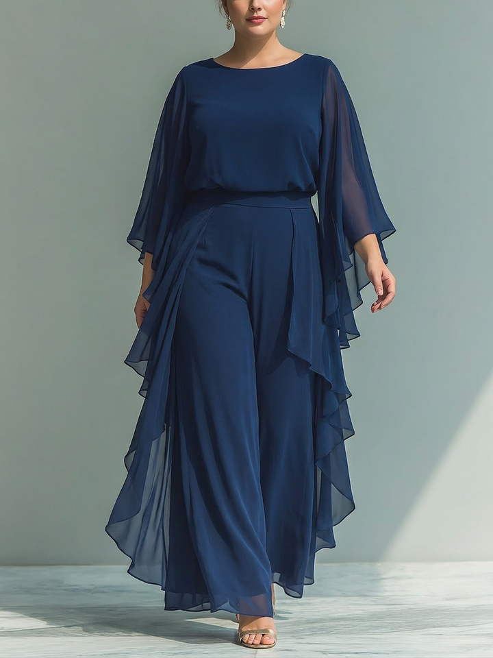 Navy Blue Chiffon Top Set with Flared Sleeves and Straight Leg Trousers with Ruché Details