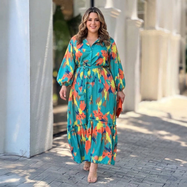 Jolie Printing Lapel Maxi Dress: Elegant Vintage Flow