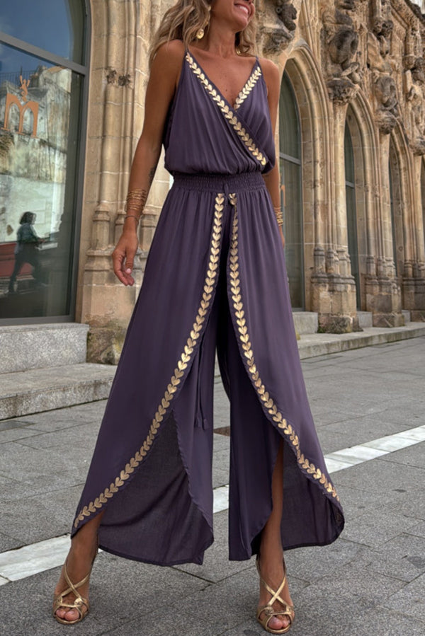 Irina - Tamia Gold Trim Elastic Waist Slit Wide Leg Slip Jumpsuit