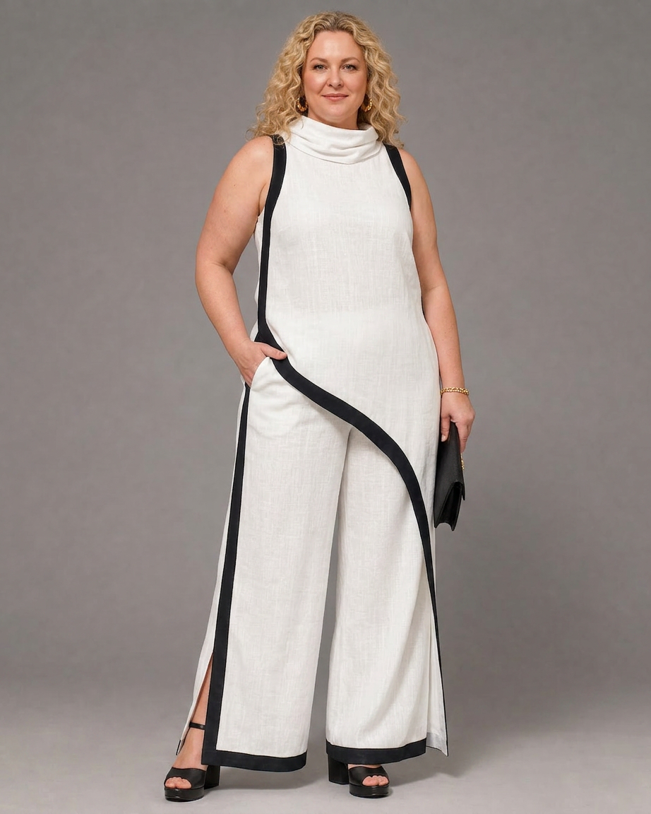 Genevieve | Contrast Trim Sleeveless Layered Top And Wide Leg Trousers Set