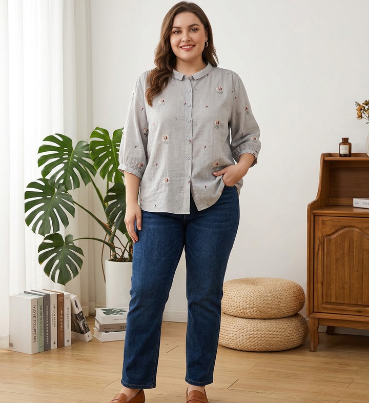 Rin - Cotton Floral Embroidered Comfortable Shirt