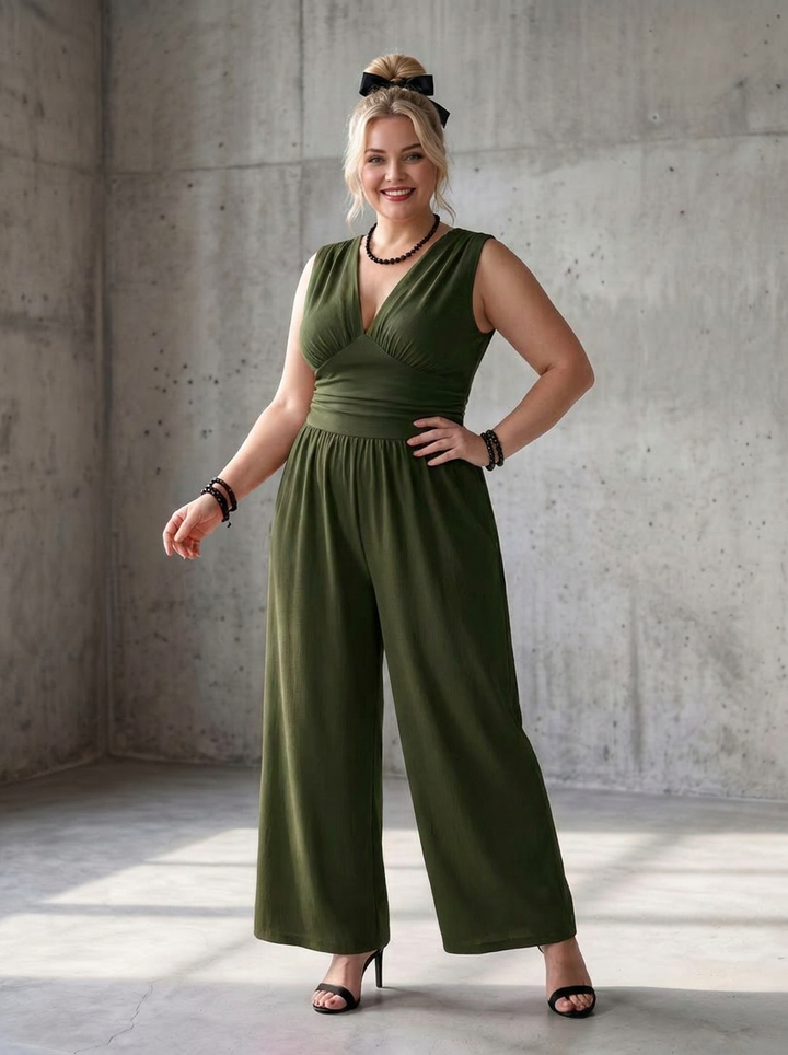 Tegan | Deep V Waist Defined Wide Leg Jumpsuit