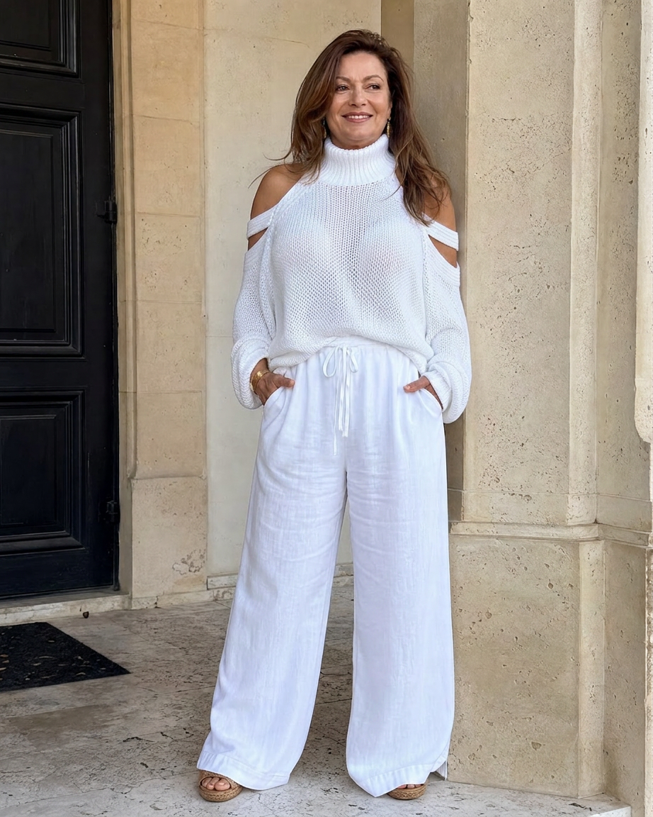 Vesper | Cold Shoulder Knit Jumper Wide Leg Trousers Set