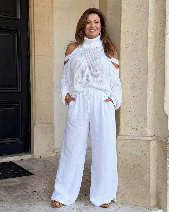Vesper | Cold Shoulder Knit Jumper Wide Leg Trousers Set