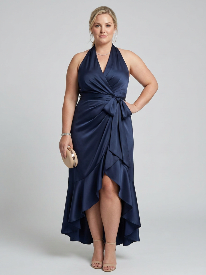 Amina | Halter Neck Wrap Asymmetric Hem Midi Dress