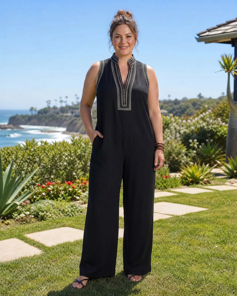 Wilhelmina | Embroidered V Neck Sleeveless Wide Leg Jumpsuit