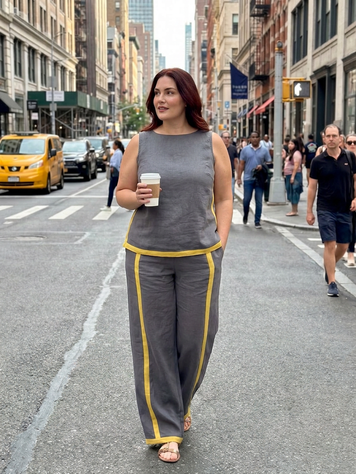 Yasmin | Sleeveless Top Wide Leg Contrast Trousers Set