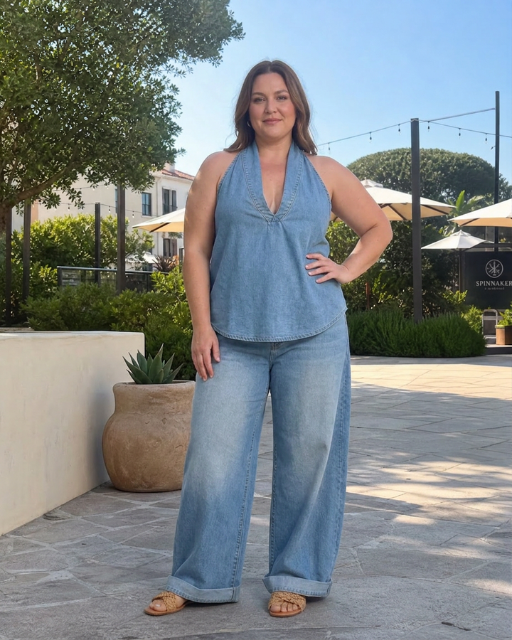 Opaline | Halter Neck Denim Top And Wide Leg Trousers Set