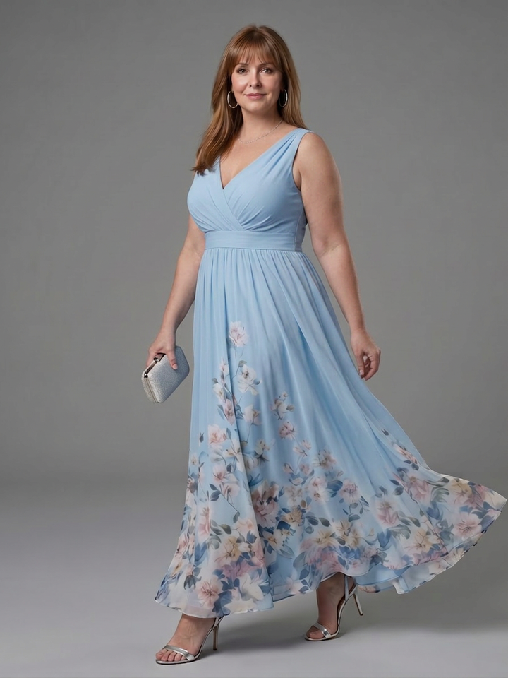 Wanda | Sleeveless V Neck Soft Floral Hem Midi Dress