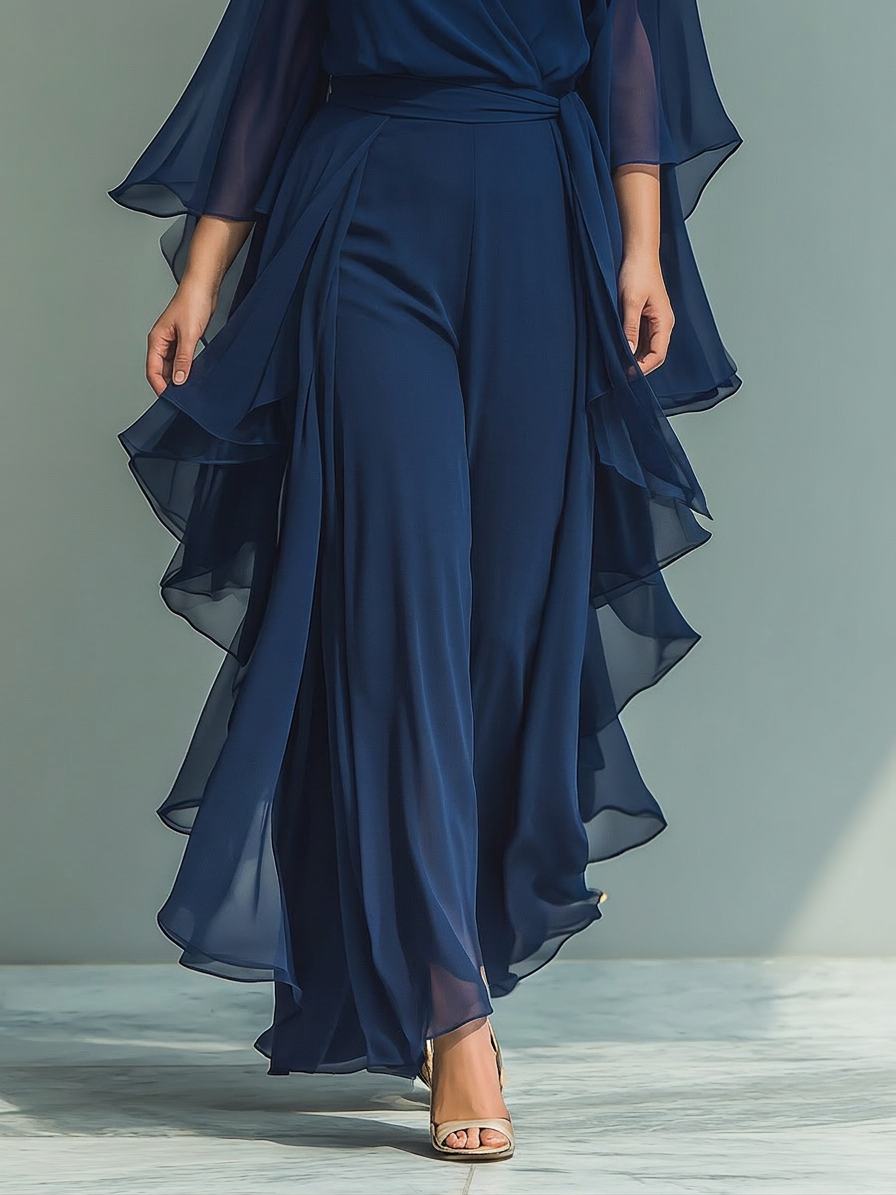 Navy Blue Chiffon Top Set with Flared Sleeves and Straight Leg Trousers with Ruché Details