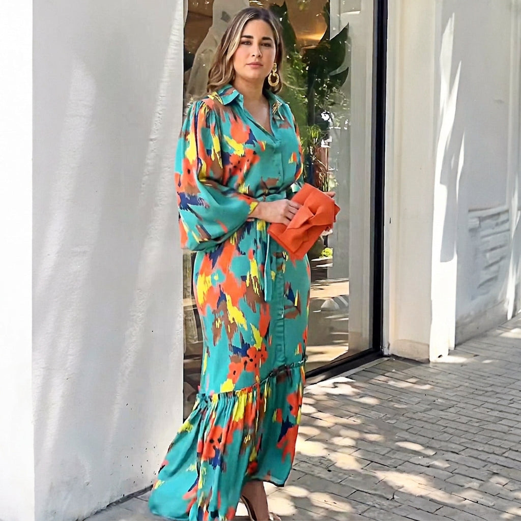 Jolie Printing Lapel Maxi Dress: Elegant Vintage Flow