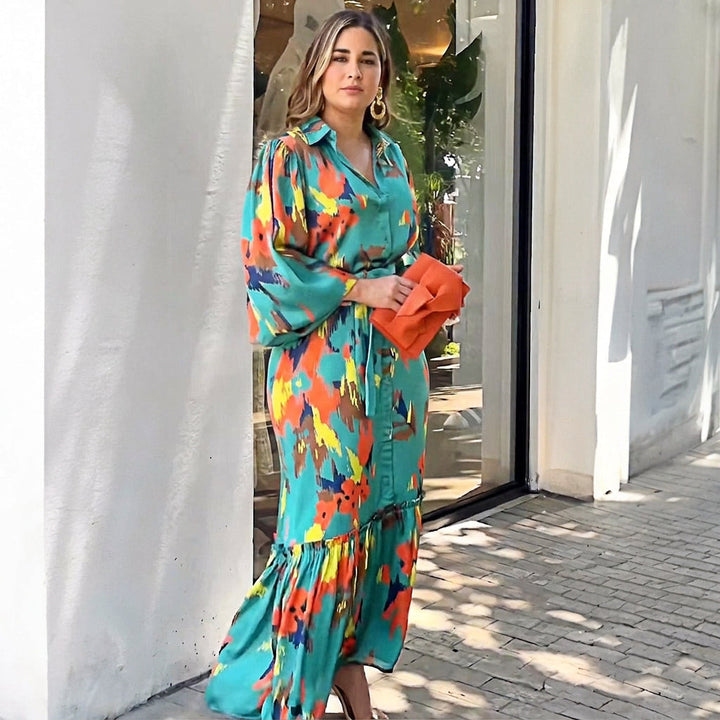 Jolie Printing Lapel Maxi Dress: Elegant Vintage Flow