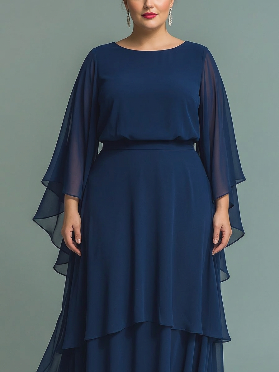 Navy Blue Chiffon Top Set with Flared Sleeves and Straight Leg Trousers with Ruché Details