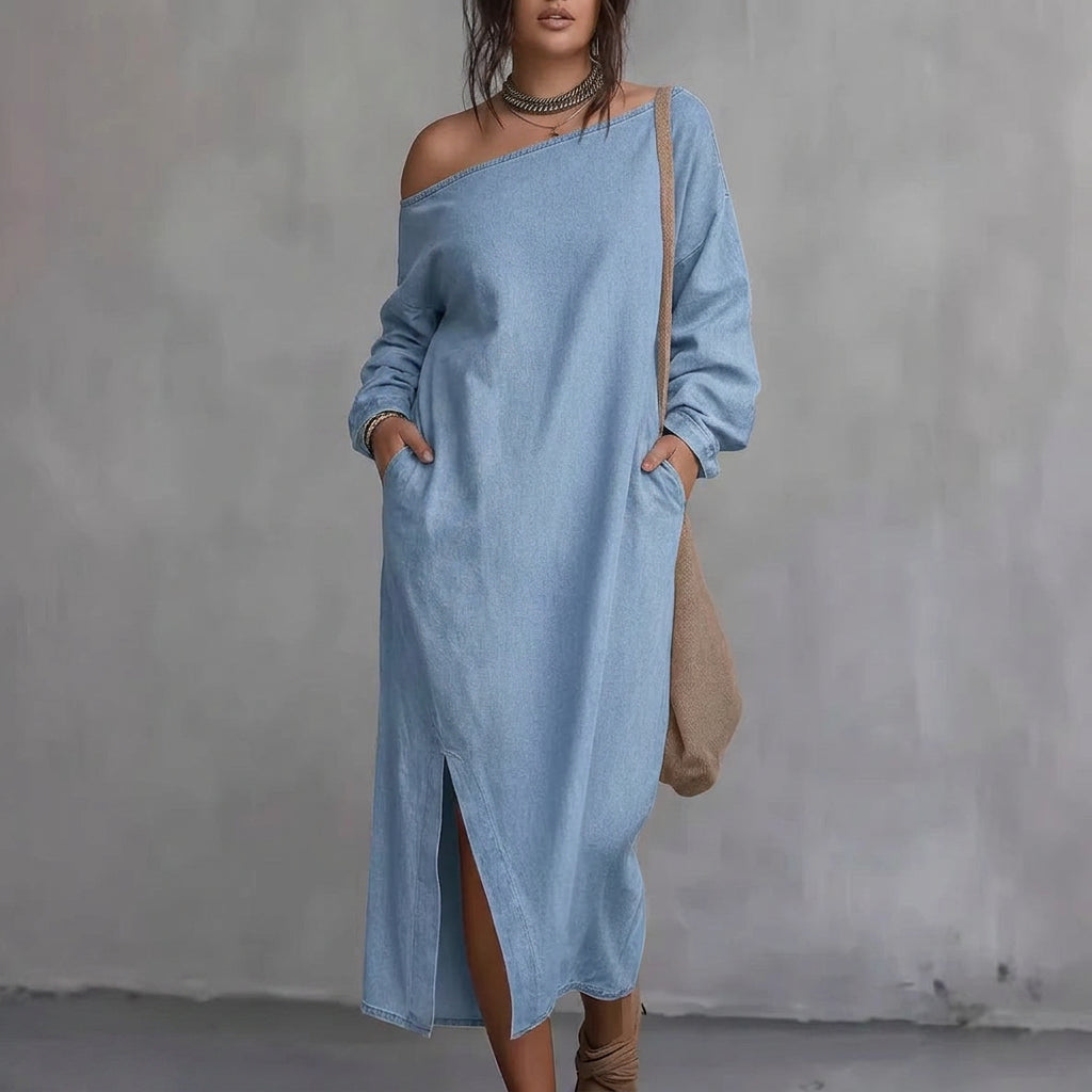 Kaia Off-Shoulder Slit Dress: Modern Minimalist Elegance