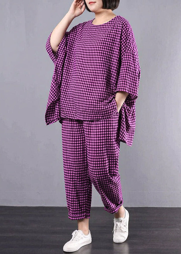 Elke - Casual Plus Size Cotton Linen red Plaid Vintage Blouse And Trousers