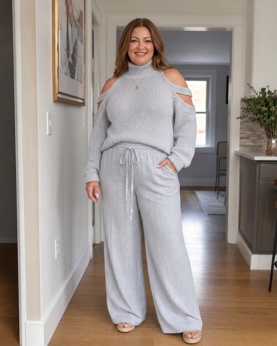 Vesper | Cold Shoulder Knit Jumper Wide Leg Trousers Set