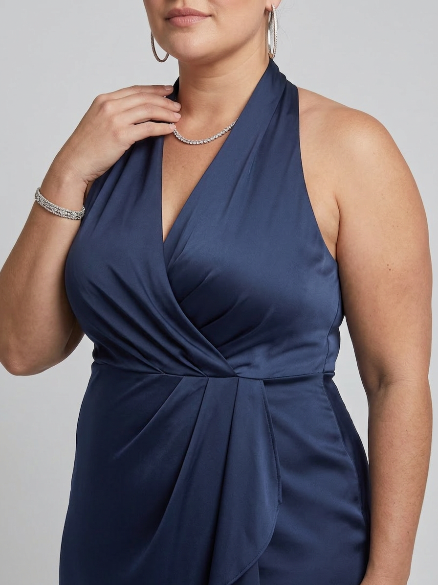 Amina | Halter Neck Wrap Asymmetric Hem Midi Dress
