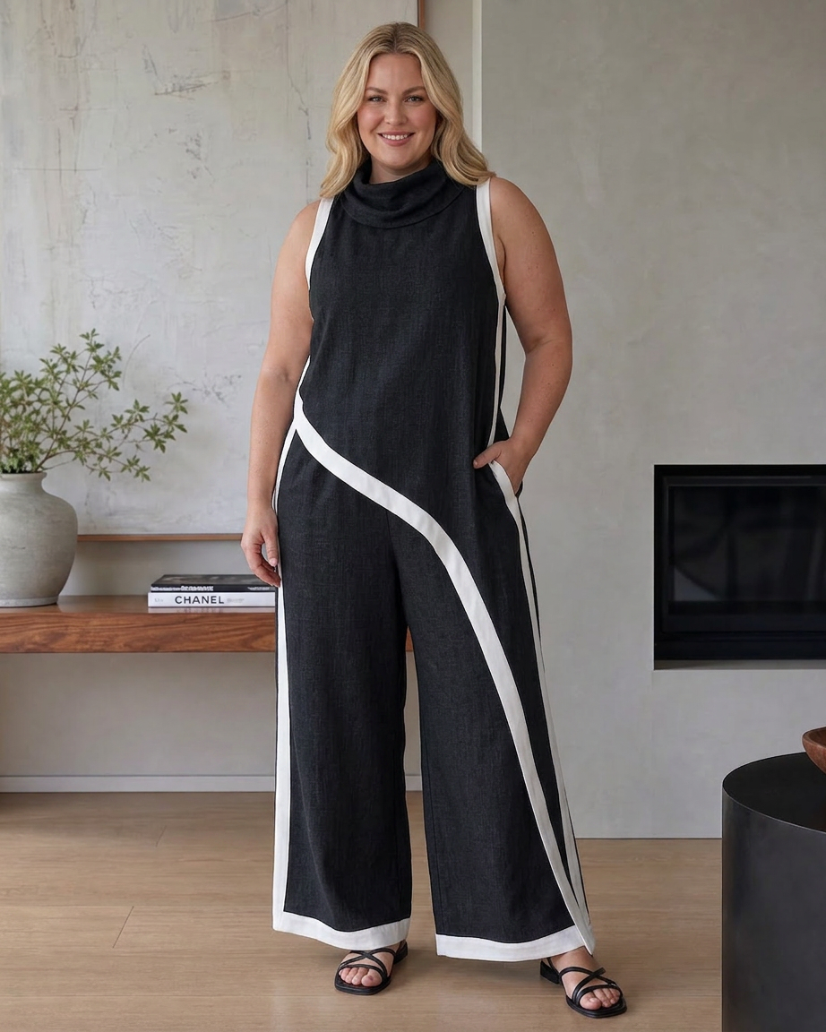 Genevieve | Contrast Trim Sleeveless Layered Top And Wide Leg Trousers Set