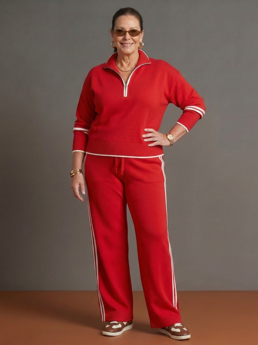 Greer | Zip Neck Long Sleeve Side Stripe Leg Trousers Set