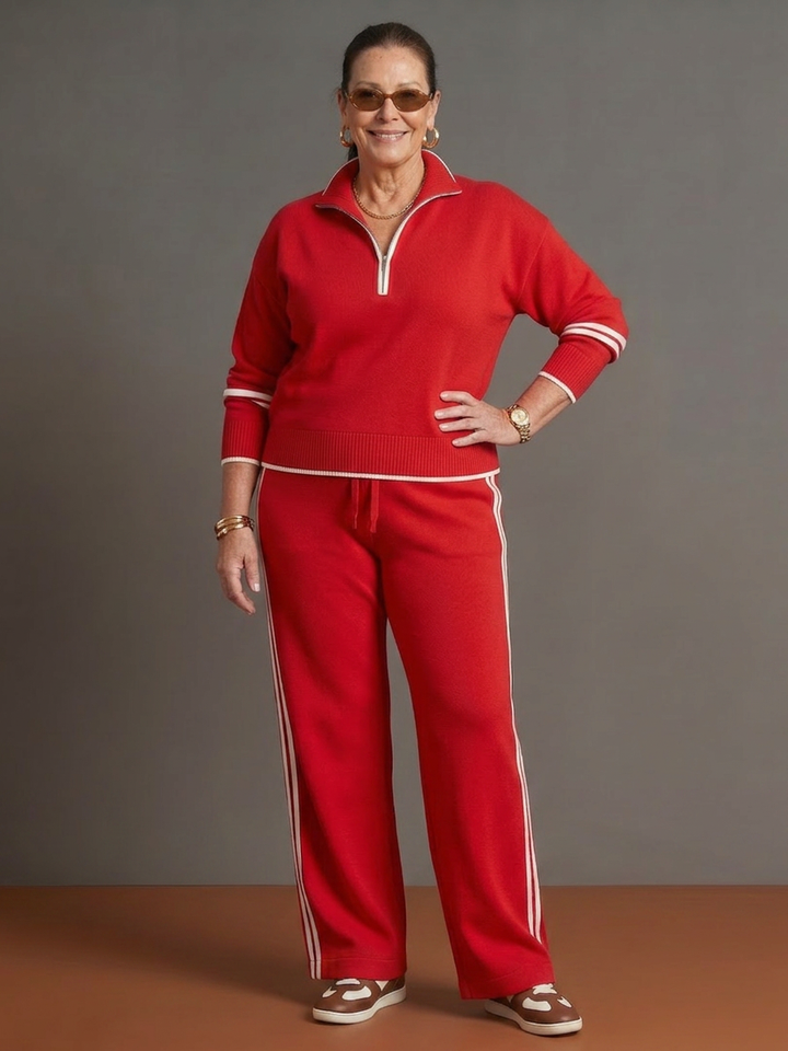 Greer | Zip Neck Long Sleeve Side Stripe Leg Trousers Set