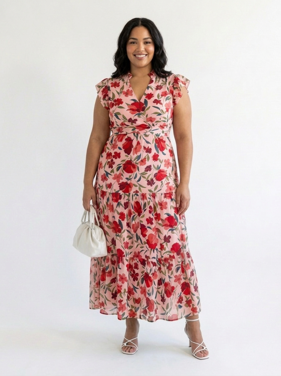 Theodora | Floral V-Neck Tiered Midi Dress