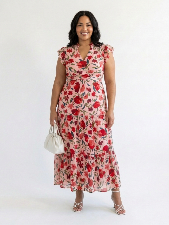 Theodora | Floral V-Neck Tiered Midi Dress