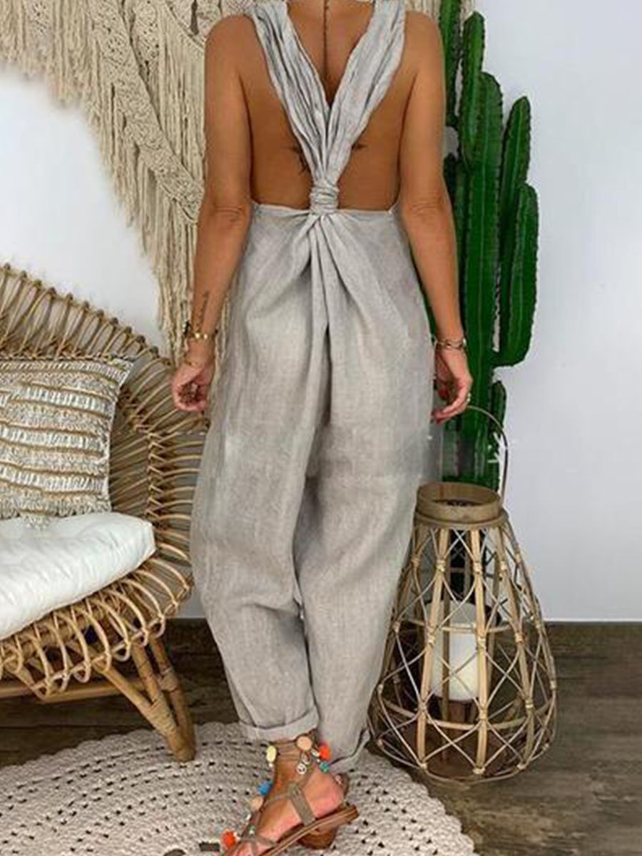 Bellamy - Solid Cross-back Cotton Linen Loose Jumpsuit